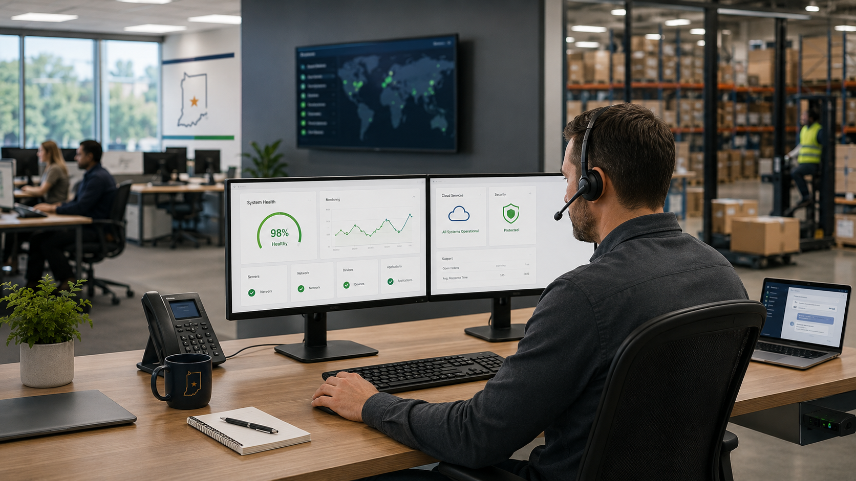 IT support professional monitoring system health, cloud services, security, and support dashboards for a business operation