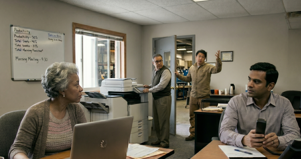 Small business employees wait as a laptop, printer, and phone system appear disrupted during an office technology outage.
