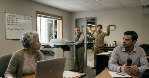 Small business employees wait as a laptop, printer, and phone system appear disrupted during an office technology outage.