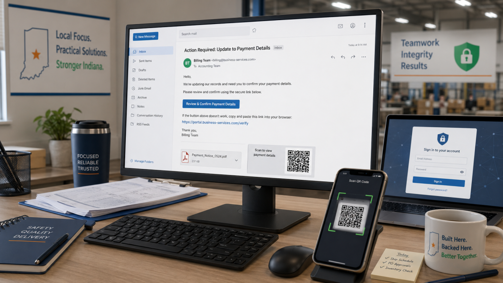 Computer workstation showing a phishing email, QR code scam, and login screen in an Indiana business setting