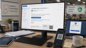 Computer workstation showing a phishing email, QR code scam, and login screen in an Indiana business setting