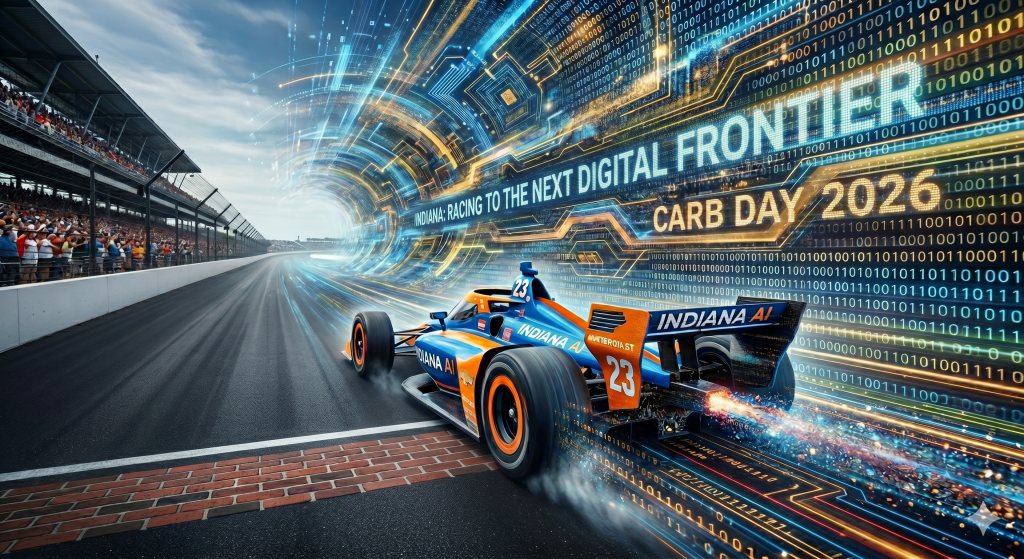 An IndyCar branded with Indiana AI crosses the Brickyard finish line surrounded by digital data streams, representing Indiana's IN AI initiative on Carb Day 2026.