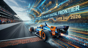 An IndyCar branded with Indiana AI crosses the Brickyard finish line surrounded by digital data streams, representing Indiana's IN AI initiative on Carb Day 2026.