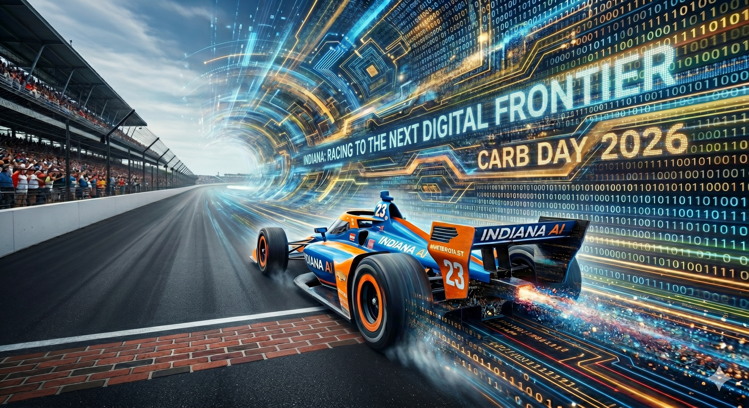 An IndyCar branded with Indiana AI crosses the Brickyard finish line surrounded by digital data streams, representing Indiana's IN AI initiative on Carb Day 2026.